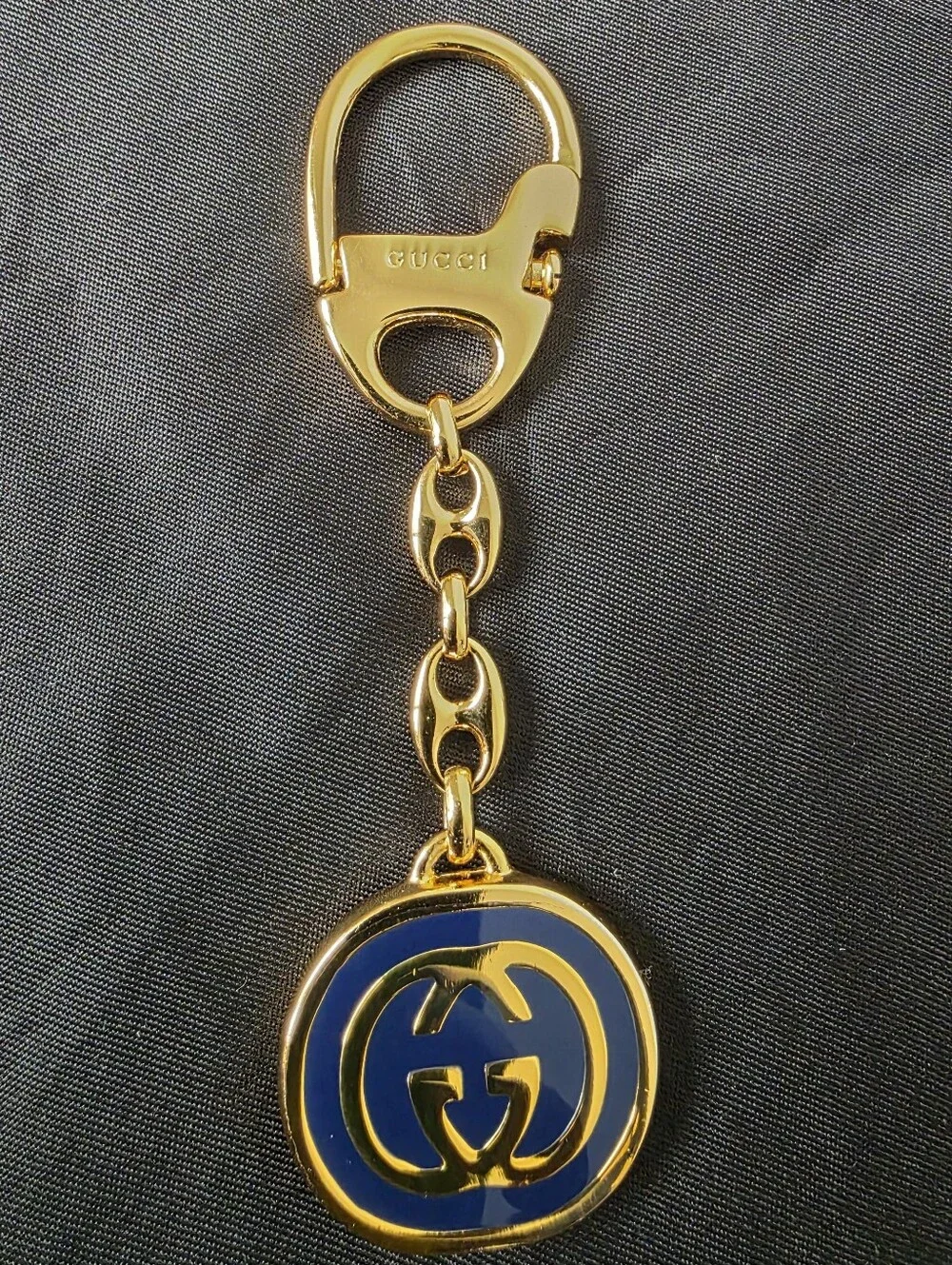 Auth Gucci Interlocking GG Gold/Blue Keychain